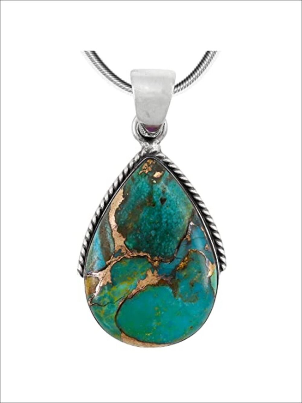 Genuine Turquoise Pendant 925 Sterling Silver Necklace, 20" Snake Chain